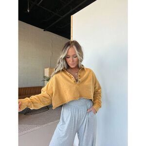 Blue B Collection Mustard Cropped Henley Sweatshirt